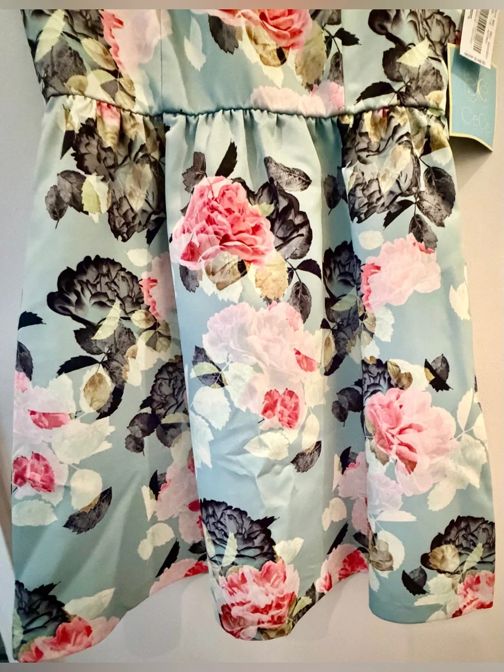 Floral V-Neck Mint Girls Dress with Pink Roses